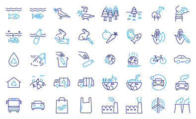 Environmental pollution and sustainability icon set. Thin line editable stroke icons for ecology, recycling, global warming, renewable energy, waste management, conservation, climate change