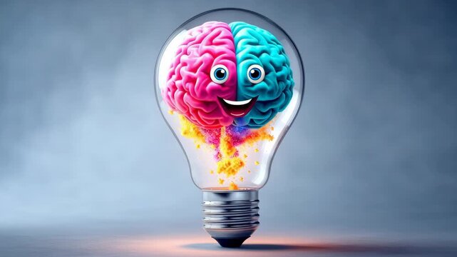Colorful light bulb with a smiling brain illustration, showcasing vibrant pink and blue halves, as it releases colorful sparks, emphasizing creativity and innovation, camera zooms in for detail