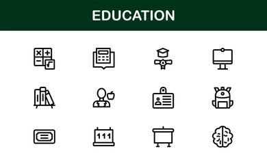 Education Line Icon Set – Professional Minimal Outline Icons for E-Learning, School, and University Projects