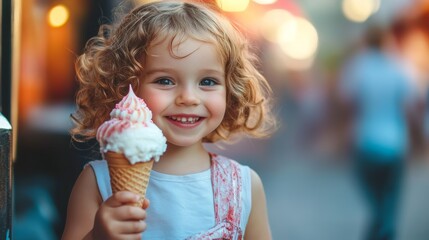 A child holding a giant ice cream cone, a sweet expression on their face 
