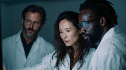 Three scientists in lab coats collaborate around a digital screen focusing intently on data analysis