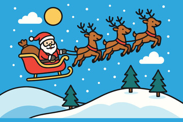 Naklejka premium Santa claus flying in his sleigh pulled by reindeer across a snowy winter sky