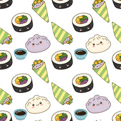 Delicious sushi rolls dumplings and temaki hand rolls food pattern.