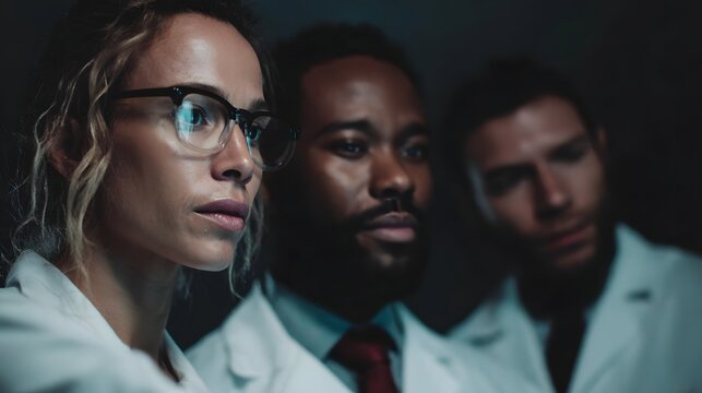 A diverse team of scientists in white garments intensely discuss research data on a screen in a dimly lit laboratory
