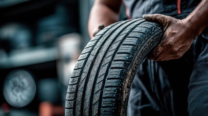 Mechanic's Grimy Hands Holding Tire: Close-up, Texture, Automotive, Dark Tones.