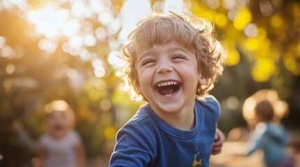 A little boy laughing as he plays with his friends outdoors 