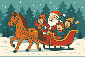 Santa claus and happy children riding in a horse drawn sleigh through a snowy forest