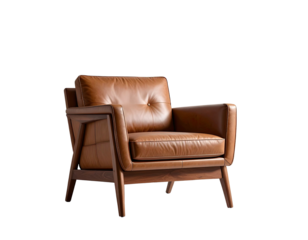 A mid-century modern style leather armchair with wooden frame, set against a black background