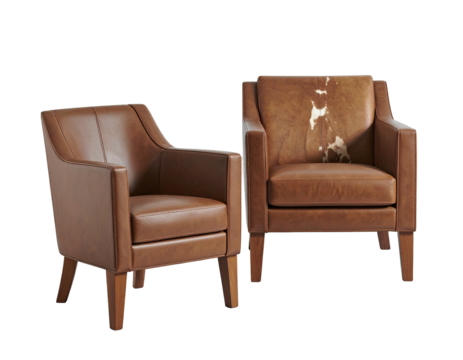 Two brown leather armchairs, one with cowhide detail, isolated on black background