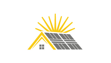 Solar Panel House Roof with Sunburst - Renewable Energy Logo.
