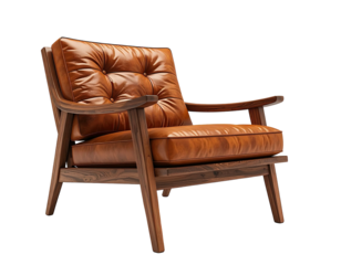 A luxurious leather armchair featuring button-tufted back and seat. Wooden frame and armrests