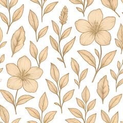 Floral Pattern with Delicate Flowers and Leaves in Warm Beige Tones.