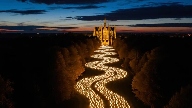 Majestic cathedral illuminated by serpentine path of lights at twilight