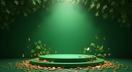 A st patrick's day themed scene with a green podium, gold coins, and shamrocks under a spotlight