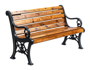 Angled view of a wooden bench with ornate black metal supports, on a transparent background