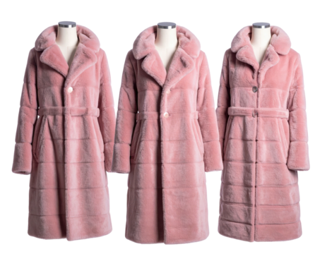 Three identical, long pink faux fur coats displayed on dress forms against a black backdrop