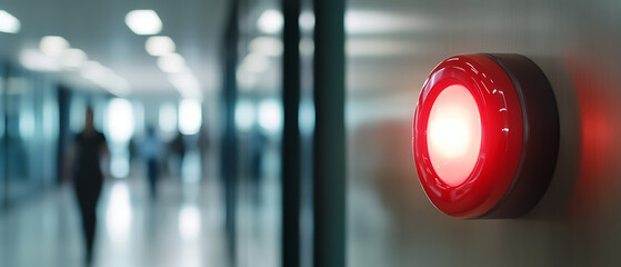 A red alarm light shines brightly on a wall in a long hallway with blurred figures walking in the distance. The light signals alert or a fire-related problem.
