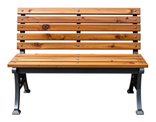 A meticulously crafted wooden bench with a dark metal frame, isolated on a transparent background