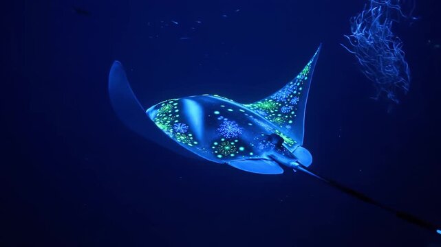 Beautiful manta ray or stingray swimming gracefully in the dark ocean water, displaying striking blue and green bioluminescent patterns on its wings, concept of marine biology, underwater life