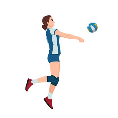 Female volleyball player jumps and bumps the ball with focus and athletic precision during a game. Flat vector illustration isolated on white background