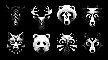 Fototapeta premium Graphic image of eight stylized animal heads in white with geometric patterns on black