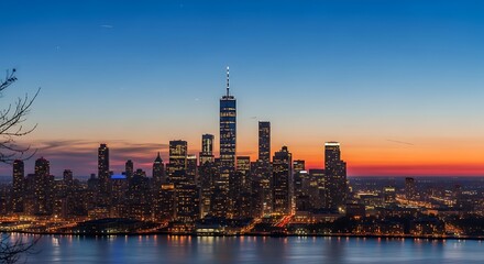 Obraz premium City skyline at dusk with illuminated buildings and vibrant sunset colors
