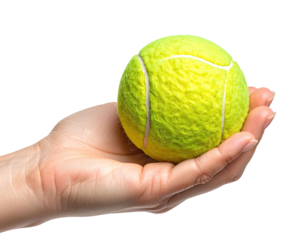 Hand cradles bright yellow tennis ball against a stark black background