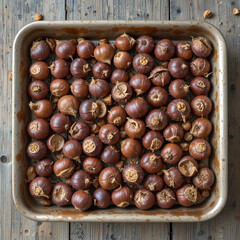 Obraz premium Tray of fresh chestnuts on a rustic table