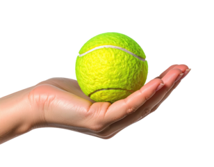 A bright tennis ball sits cupped in a person's open palm, isolated against a black background