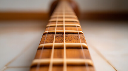 Close-up of a guitar neck showcasing wooden frets and strings, revealing detailed craftsmanship. The perspective emphasizes depth and texture of the instrument - a timeless design.