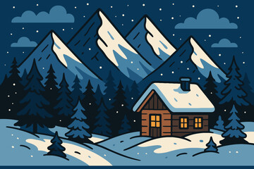 Fototapeta premium Cozy wooden cabin nestled in a snowy mountain landscape under a starry night sky