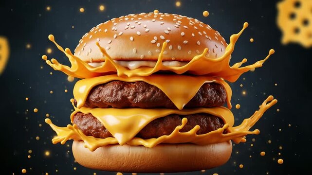 Double cheeseburger with cheese splash on dark background