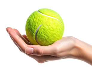A hand, palm up, holds a bright yellow tennis ball, isolated against a black background