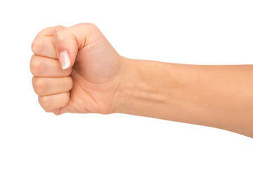 Closeup of a person's fist or clenched hand gesture, isolated on a white background as a symbol of power or fight concept