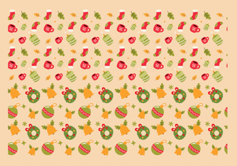 Cute Christmas Seamless Pattern with Tree, Snowman, Bell, and Santa Hat
