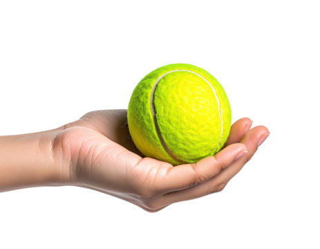 A hand cradles a bright yellow tennis ball with its felt surface and white seam. Black background