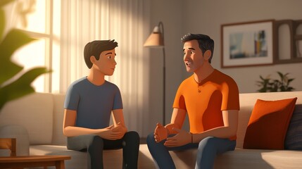 A dad and son having a heart-to-heart conversation in the living room 