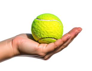 A hand, palm up, holding a bright yellow tennis ball against a solid black background