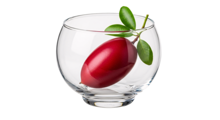 The image presents a clear glass filled with a rich red liquid resembling wine, offering a deep, vibrant tone that reflects light with a subtle sheen. Floating on the surface is a small piece of fruit