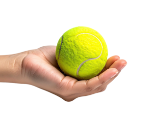 A close-up view of a person's hand delicately holding a vibrant yellow tennis ball