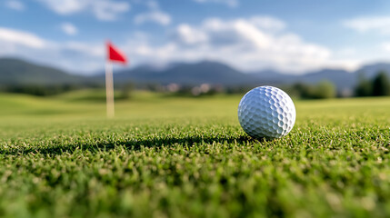 Obraz premium Golf ball resting on lush green grass, near the flag on a beautiful golf course. Mountains in the background. Perfect for a relaxing game under a sunny sky. Enjoy a leisurely day on the links!