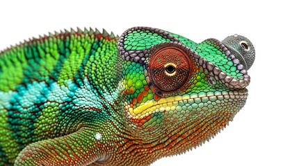 Fototapeta premium Close-up profile of a vibrant green and blue chameleon with a prominent horn on its snout.