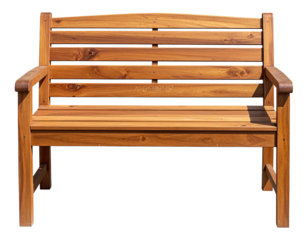 A wooden bench with armrests, backrest, and horizontal slats. Isolated on a black background