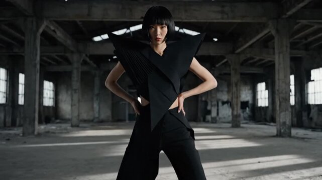 Dynamic Fashion Performance: Striking Woman in Avant-Garde Black Outfit Moves Through Gritty Industrial Space