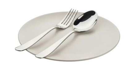 Fork and spoon on a plate isolated on transparent background for table setting