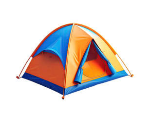 A brightly colored, two-tone camping tent against a stark black background. It appears empty and ready for use