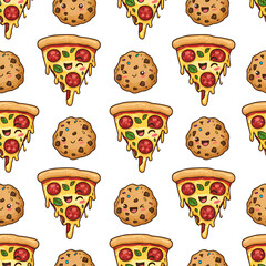 Seamless Pattern of Smiling Pizza Slices and Cookies on White Background.