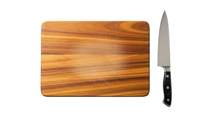 Wooden cutting board with chefs knife isolated on transparent background, kitchen