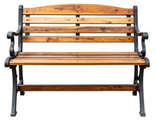 A detailed, close-up shot of a wooden bench with dark metal supports, isolated on a black background