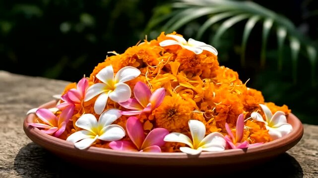 Vibrant floral arrangement in a terracotta bowl amidst lush greenery